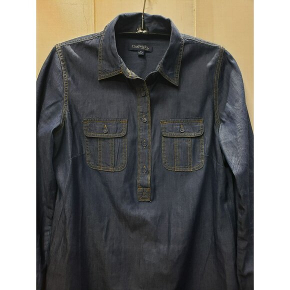 Chadwicks Blue Chambray Denim Dress Size 6, Roll Tab sleeve, 1/4 button, pockets - Picture 3 of 7